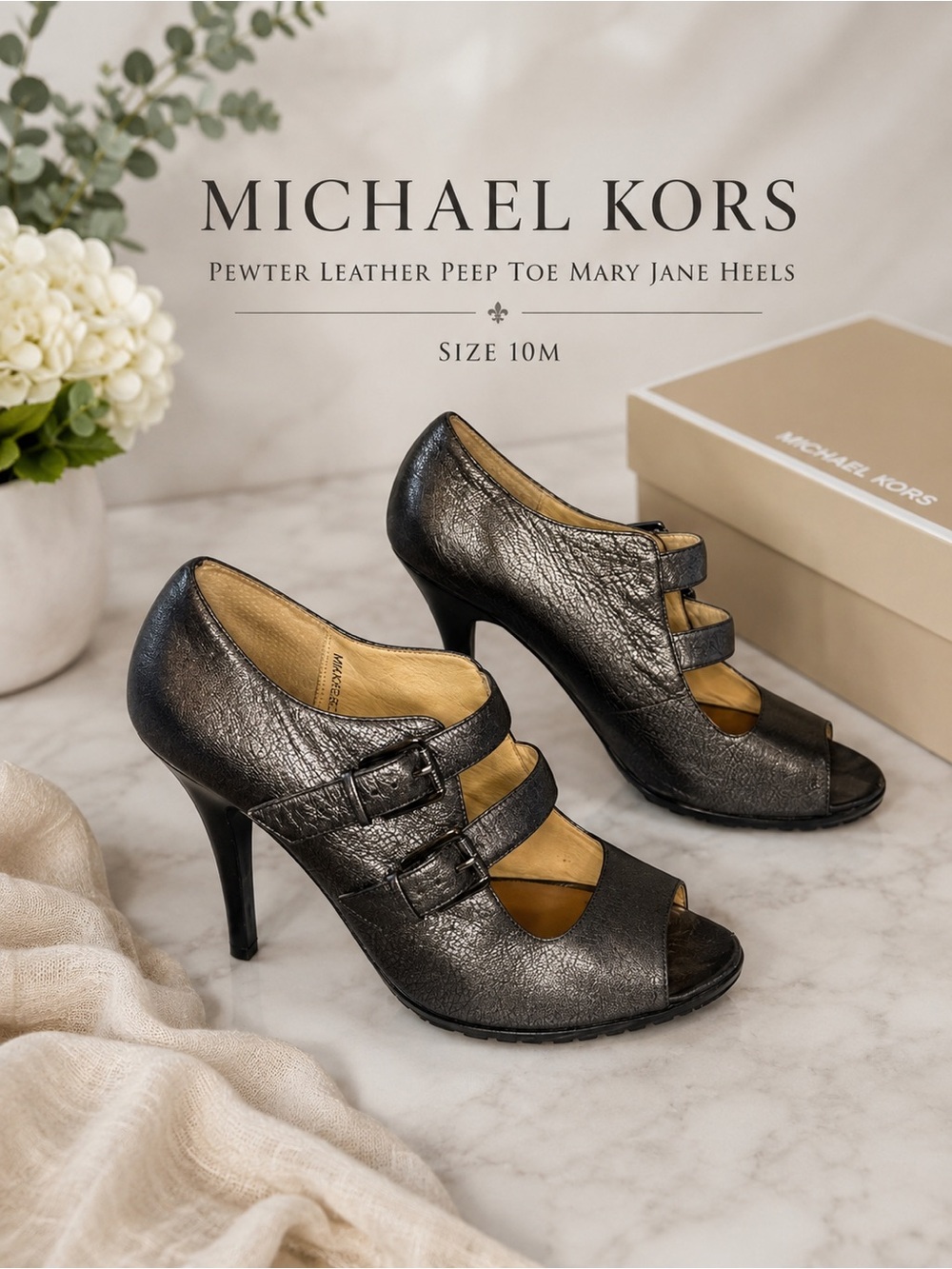 Michael Kors Metallic Pewter Leather Peep Toe Mary Jane Heels Size 10M